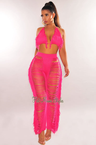 Neon Pink Fringe Ladder Cut Pants Two Piece Set - Hot Miami Styles