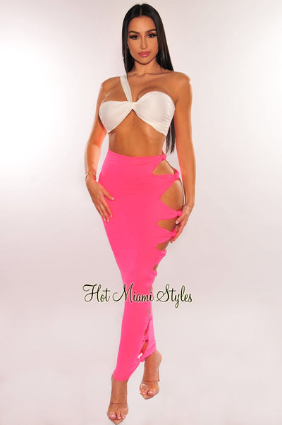 Neon Pink High Waist Cut Out Knotted Slit Skirt - Hot Miami Styles