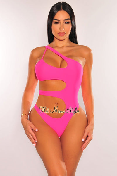 Neon Pink One Shoulder Cut Out Swimsuit - Hot Miami Styles
