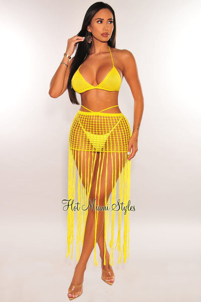 Neon Yellow Crochet Triangle Top Bikini Fringe Skirt Three Piece Set - Hot Miami Styles