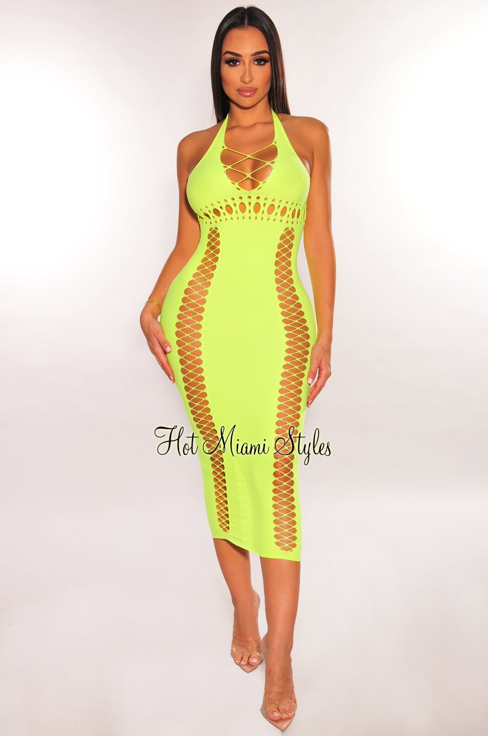 Neon Yellow Halter V Neck Seamless Cut Out Lace Up Dress - Hot Miami Styles Neon Yellow Halter V Neck Seamless Cut Out Lace Up Dress - Hot Miami Styles