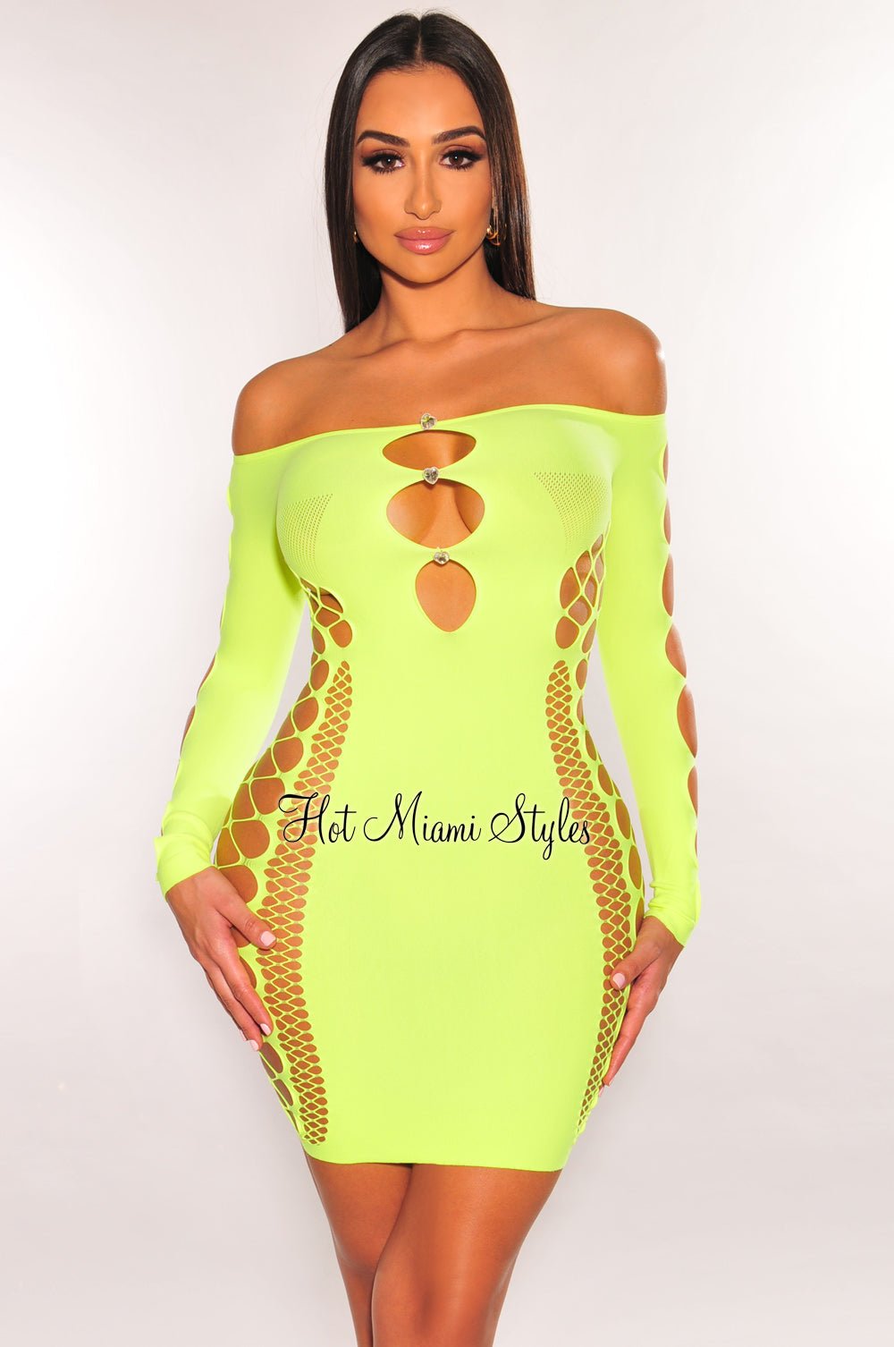 Neon Yellow Rhinestone Off Shoulder Cut Out Seamless Dress - Hot Miami Styles Neon Yellow Rhinestone Off Shoulder Cut Out Seamless Dress - Hot Miami Styles