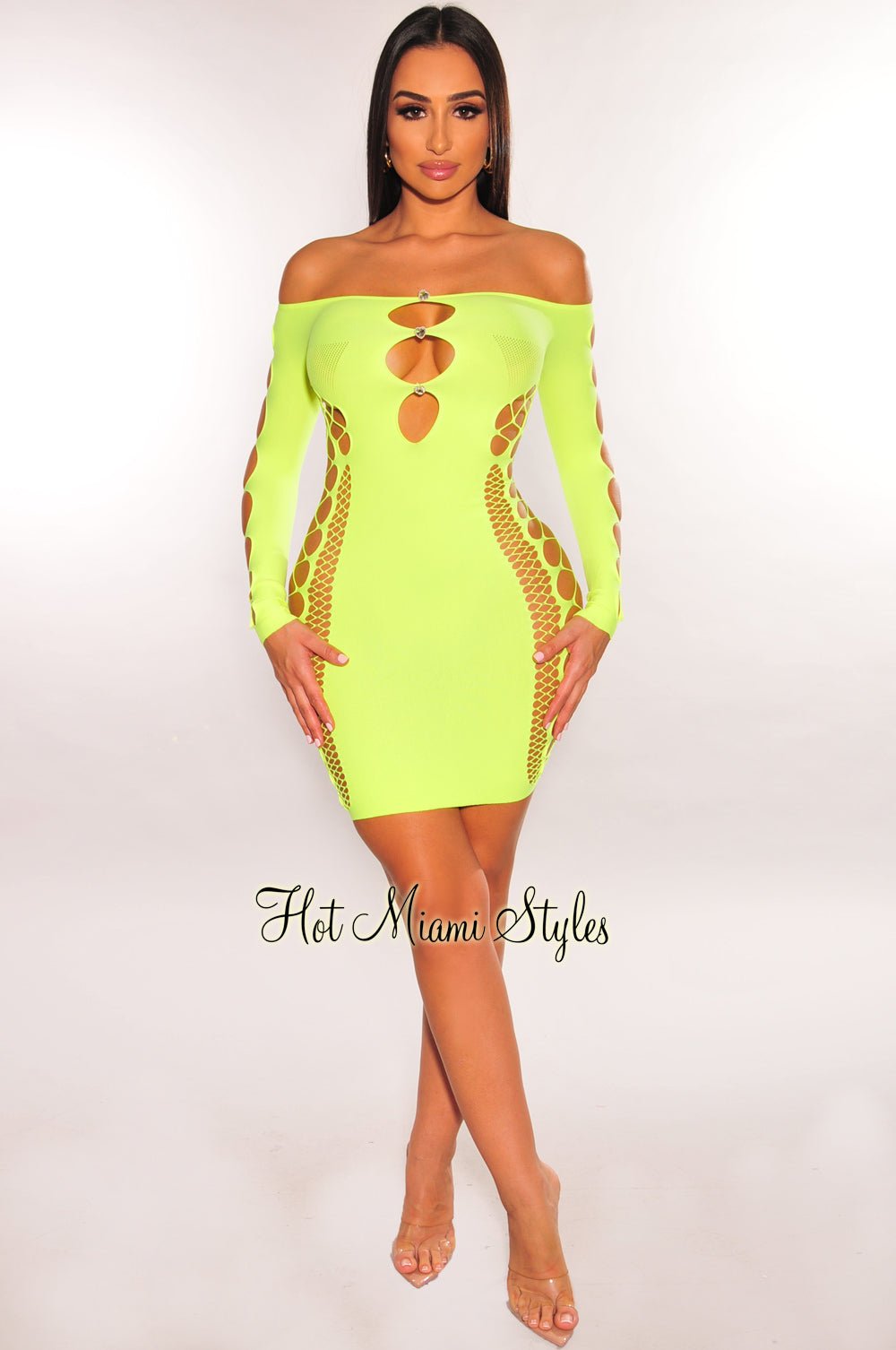Neon Yellow Rhinestone Off Shoulder Cut Out Seamless Dress - Hot Miami Styles Neon Yellow Rhinestone Off Shoulder Cut Out Seamless Dress - Hot Miami Styles