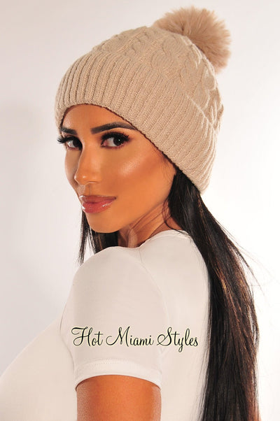 Nude Cable Knit Pom Beanie - Hot Miami Styles