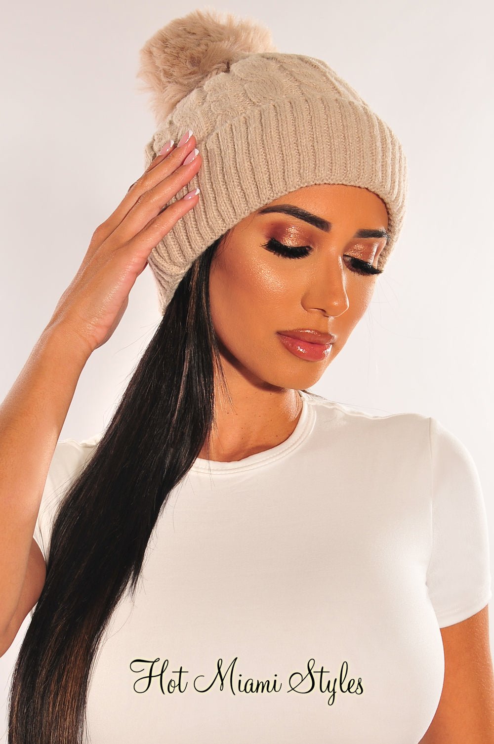 Nude Cable Knit Pom Beanie – Hot Miami Styles