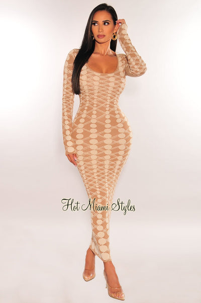 Nude Cream Long Sleeves Geometric Knit Bodycon Dress - Hot Miami Styles