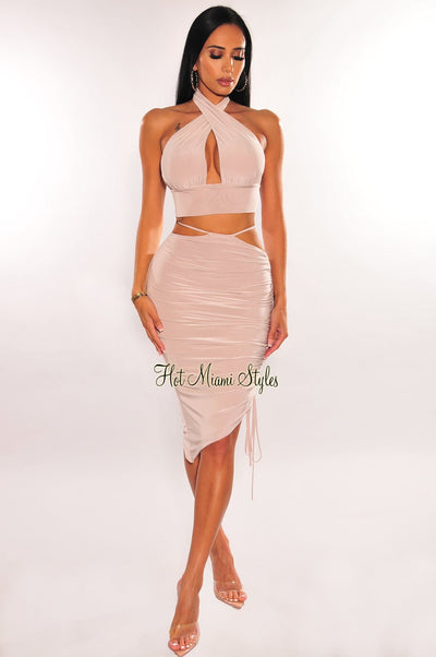 Nude CrissCross Strappy Asymmetrical Ruched Skirt Two Piece Set - Hot Miami Styles
