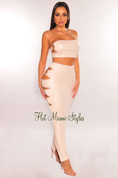 Nude Faux Leather Bandeau Gold Ring Cut Out Slit Skirt Two Piece Set - Hot Miami Styles