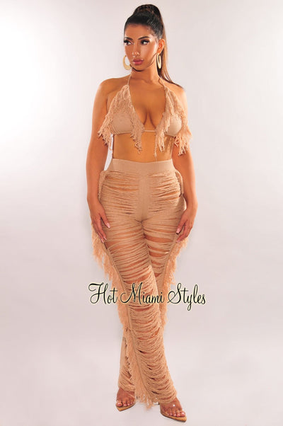 Nude Knit Halter Triangle Top Fringe Ladder Cut Pants Two Piece Set - Hot Miami Styles