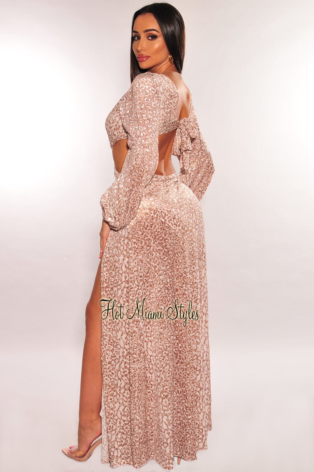 Nude Leopard Print Pearl O-Ring Cut Out Long Sleeves Double