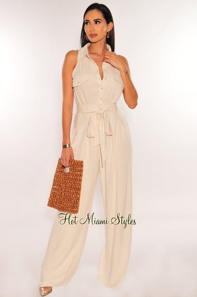 Nude Linen Sleeveless Collared Button Down Snatched Wide Leg Jumpsuit - Hot Miami Styles