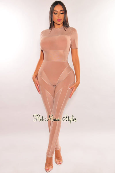Nude Mesh Illusion Mock Neck Short Sleeve Jumpsuit - Hot Miami Styles