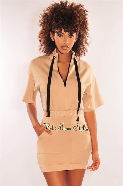 Nude Mock Neck Zipper Short Sleeves Dress - Hot Miami Styles