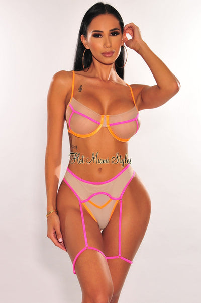 Nude Neon Underwire Garter Straps Open Back Two Piece Set - Hot Miami Styles
