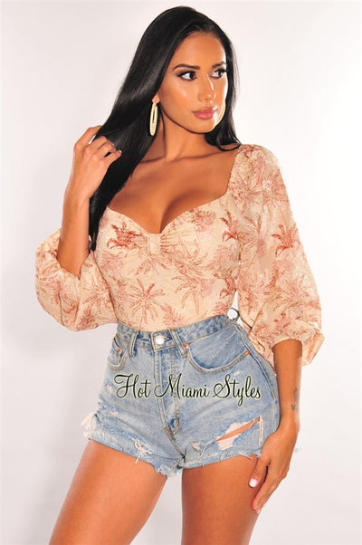 Nude Palm Print Long Sleeve Lace Up Back Crop Top - Hot Miami Styles