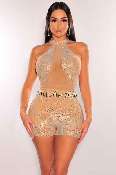 Nude Rhinestone Sheer Mesh Sleeveless Romper - Hot Miami Styles
