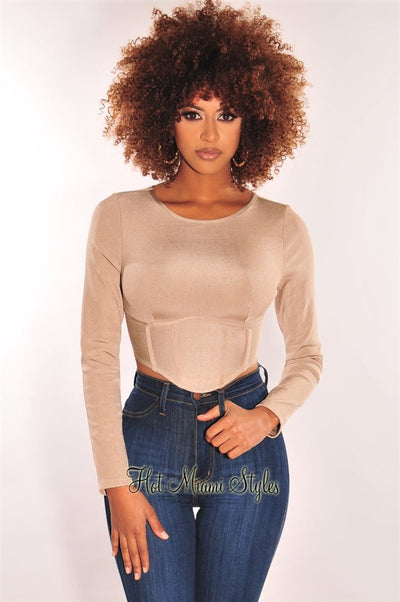 Nude Ribbed Bandage Boned Curved Hem Crop Top - Hot Miami Styles
