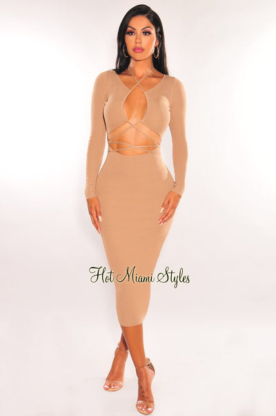 Nude Ribbed Knit Keyhole Cut Out Long Sleeve Midi Dress - Hot Miami Styles