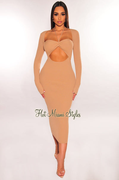 Nude Ribbed Long Sleeve Cut Out Dress - Hot Miami Styles
