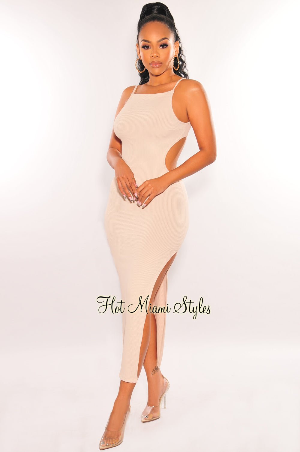 midi nude dress Sleeveless Cut Out Slit lined construction for a smooth Nude Corset Midi Dress with