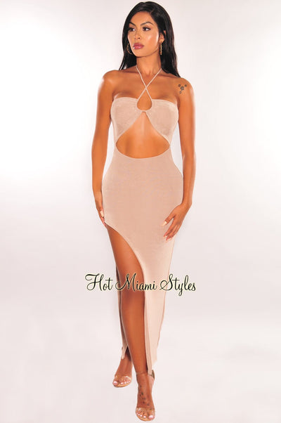 Nude Shimmery Halter Cut Out Slit Maxi Dress - Hot Miami Styles