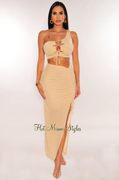 Nude Shimmery One Shoulder Lace Up Slit Skirt Two Piece Set - Hot Miami Styles