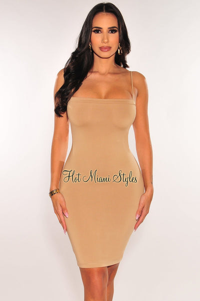 Nude Square Neck Spaghetti Straps Mini Dress - Hot Miami Styles