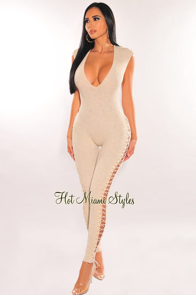 Nude Stone Ribbed Knit V Neck Lace Up Sides Jumpsuit - Hot Miami Styles