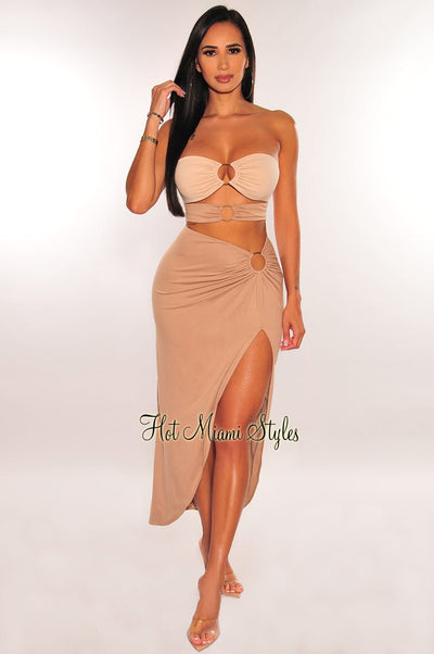 Nude Two Toned Strapless O Ring Cut Out Slit Skirt Two Piece Set - Hot Miami Styles