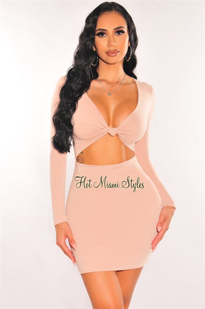 Nude V Neck Knotted Cut Out Long Sleeve Dress - Hot Miami Styles