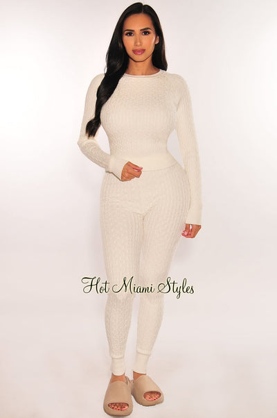 Off White Cable Knit Round Neck Long Sleeve Pants Two Piece Set - Hot Miami Styles