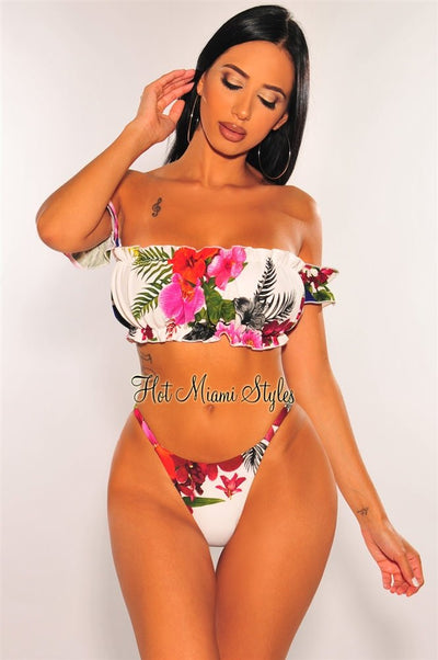 Off White Floral Print Off Shoulder Ruffle Scrunch Butt Bikini - Hot Miami Styles
