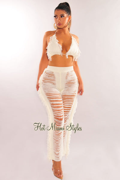 Off White Fringe Ladder Cut Pants Two Piece Set - Hot Miami Styles