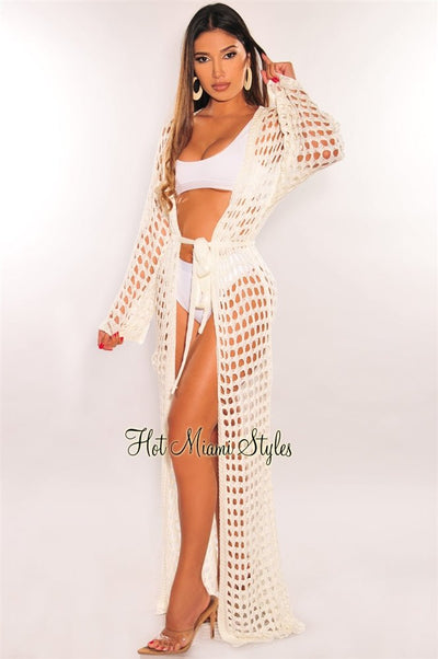 Off White Knit Crochet Long Sleeve Tie Up Maxi Cover Up - Hot Miami Styles