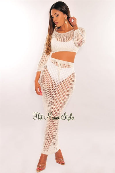 Off White Knit Crochet Long Sleeves Skirt Two Piece Set Cover Up - Hot Miami Styles