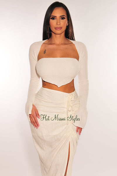 Off White Knit Hanky Hem Bandeau Top + Shrug Jacket - Hot Miami Styles