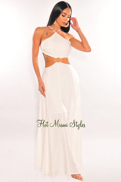Off White Linen Halter O-Ring Cut Out Maxi Dress - Hot Miami Styles