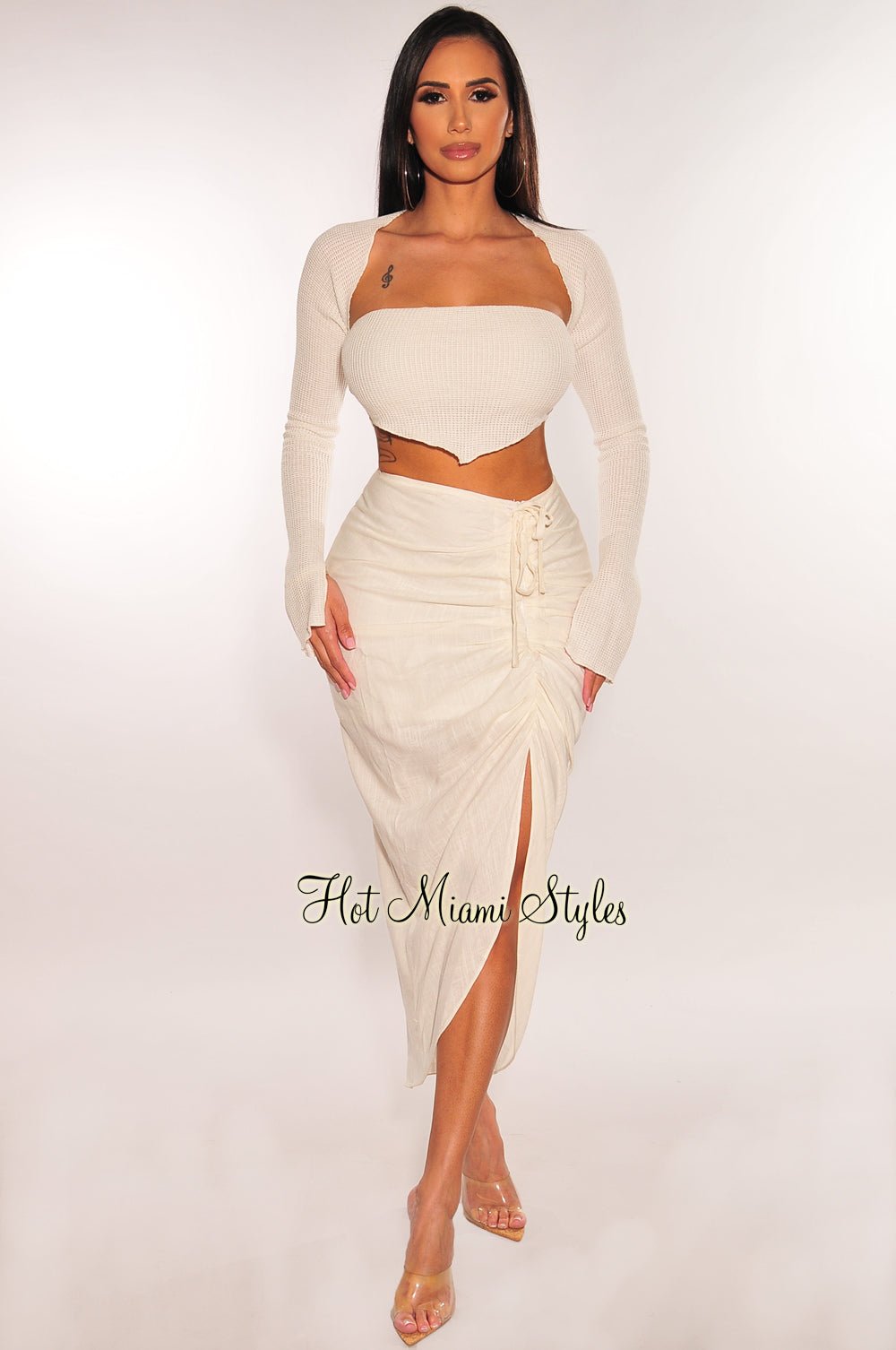 Off White Linen Ruched Drawstring Slit Skirt – Hot Miami Styles