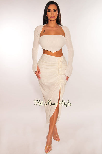 Off White Linen Ruched Drawstring Slit Skirt - Hot Miami Styles