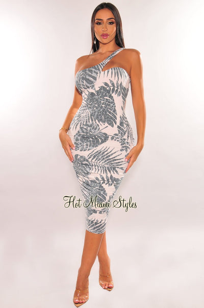 Off White Palm Print One Shoulder Ruched Dress - Hot Miami Styles