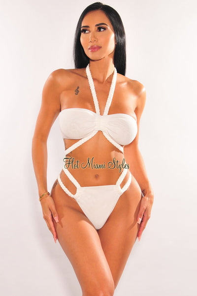 White Red Cherry Off Shoulder Ruffle Trim Bikini Bottom - Hot Miami Styles