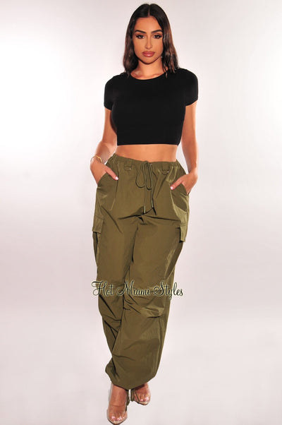 Olive Drawstring Cargo Parachute Pants - Hot Miami Styles