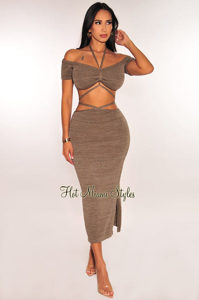 Olive Green Ribbed Knit Halter Off Shoulder Wrap Around Slit Skirt Two Piece Set - Hot Miami Styles