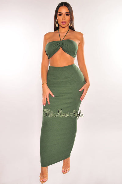 Olive Green Smocked Halter Ruched High Waist Skirt Two Piece Set - Hot Miami Styles