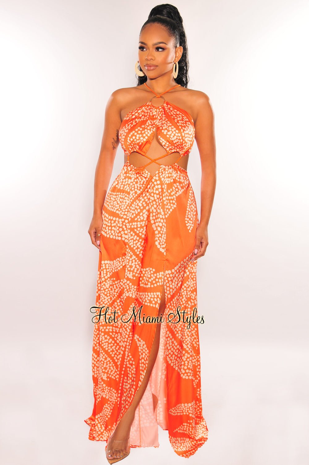 Orange Animal Print O-Ring Cord Cut Out Double Slit Maxi Dress - Hot Miami  Styles