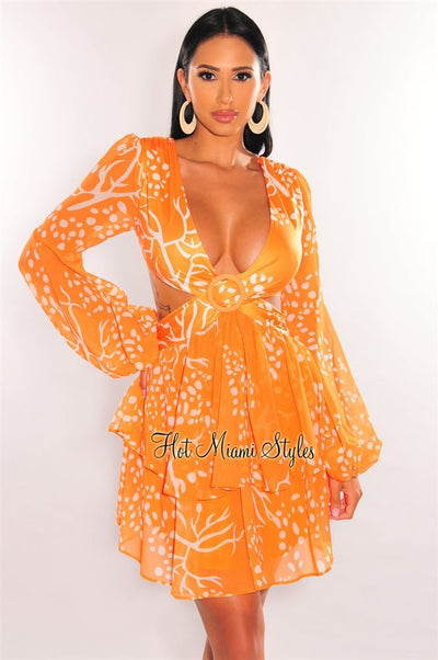 Orange Cream Print V Neck Long Sleeve O-Ring Cut Out Dress - Hot Miami Styles