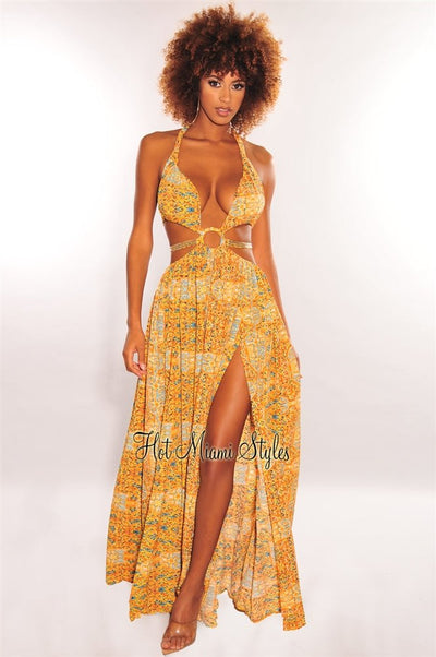 Orange Print O-Ring Cut Out Gold Belted Double Slit Maxi Dress - Hot Miami Styles