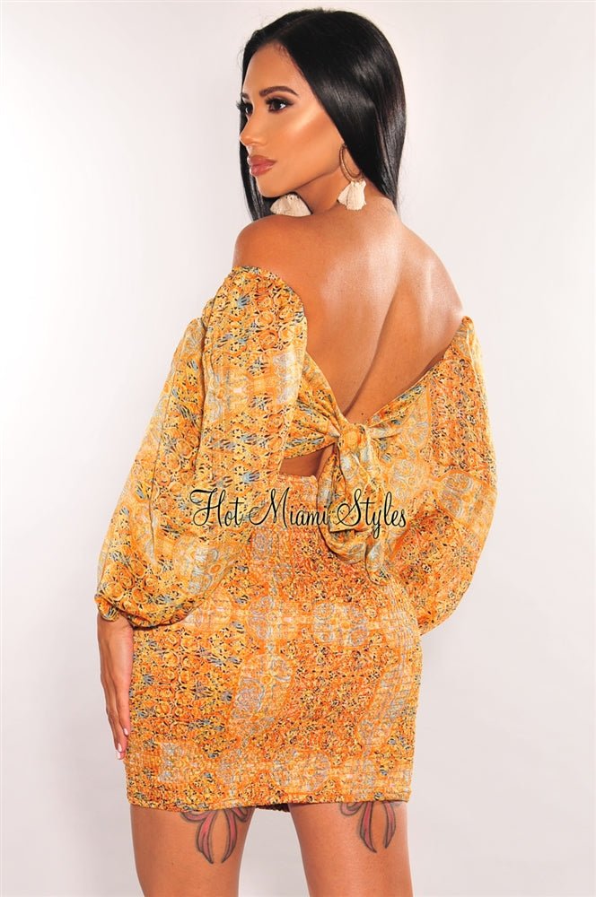 Luxxel Orange Print Off Shoulder Long Sleeve Smocked Dress Small