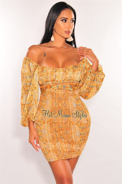 Orange Print Off Shoulder Long Sleeve Smocked Dress - Hot Miami Styles