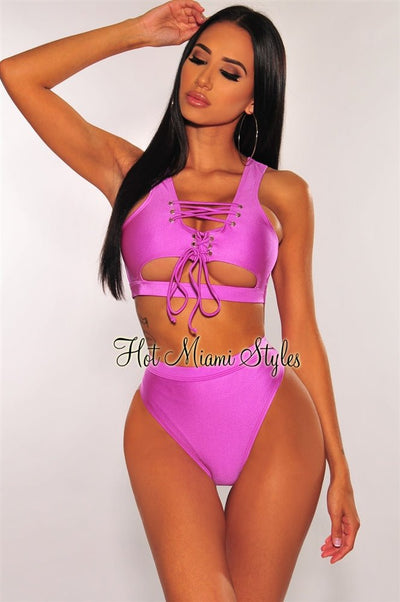 Orchid Lace Up Underboob High Waist Bikini - Hot Miami Styles